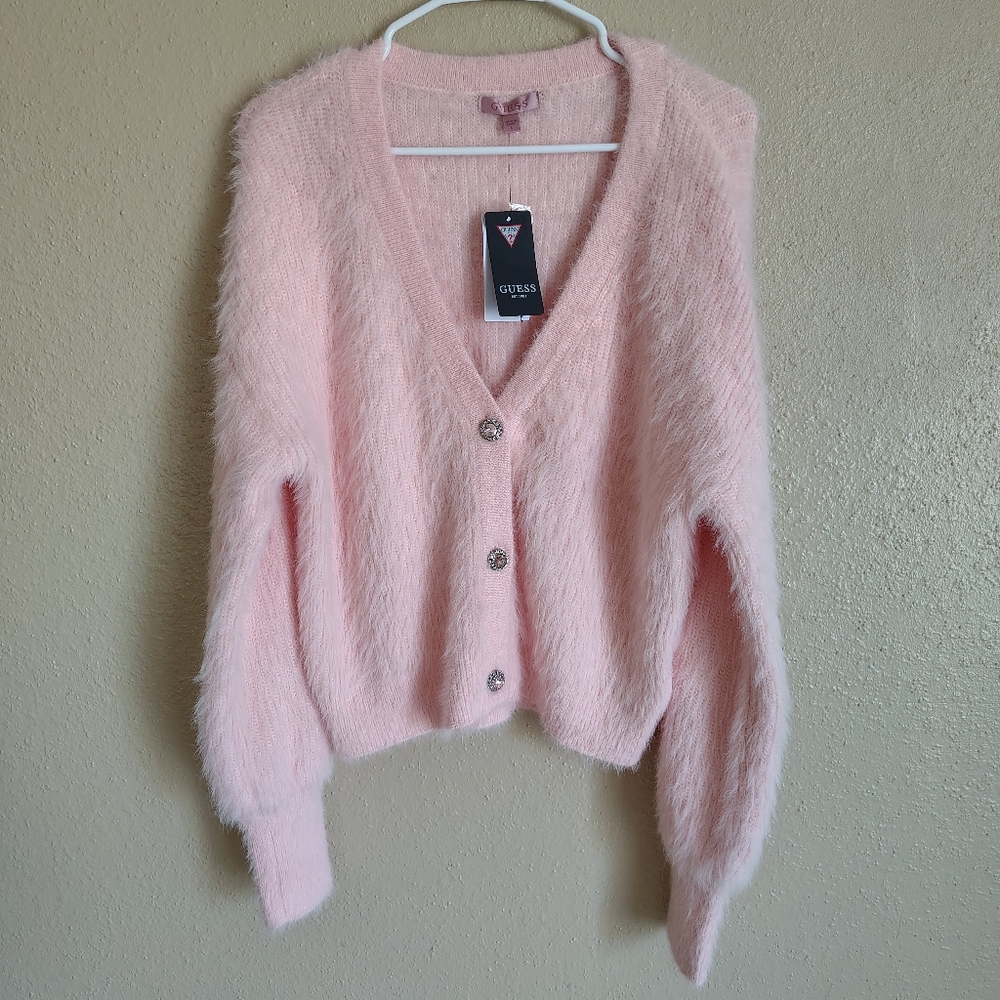 GUESS Keyla Fuzzy Soft Pink Cardigan Sweater Size L NWT # W4BR27Z3BH0